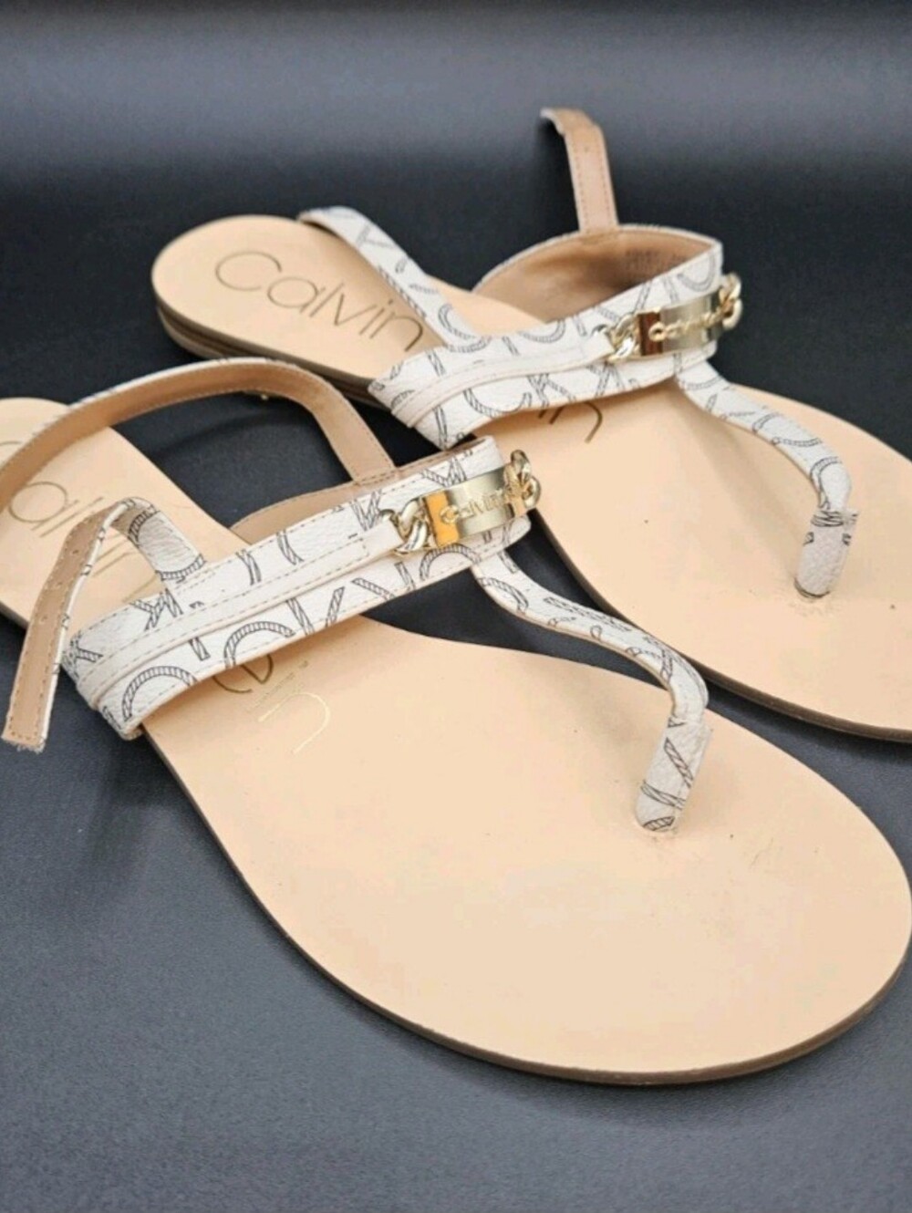 Calvin Klein Soley Tan / White Womens Strappy Thong Logo Sandal Size 7.5